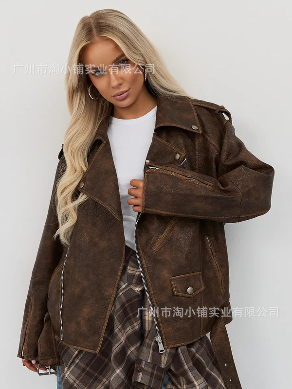 新 2025 新しい女性のヨーロッパとアメリカンスタイルの模造革ルーズシルエットエポレットバイカージャケットショートベルトジッパージャケット|undefined