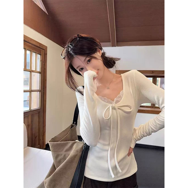 Ribbed Velvet Autumn and Winter Pure Desire Style V-Neck Top with Bow Lace Trim and Long Sleeves, Slim-Fit Women's Inner Wear T-Shirt Ribbed Velvet Autumn and Winter Pure Desire Style V-Neck Top with Bow Lace Trim and Long Sleeves, Slim-Fit Women's Inner Wear T-Shirt