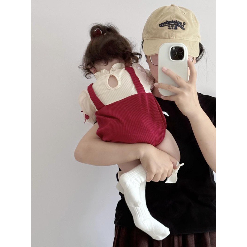 ベビー服、秋服、女性用リボンパフスリーブ、フェイクツーピースカバーオール、新生児満月百日ジャンプスーツ|undefined