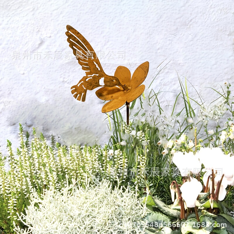 Cross-border Amazon Independent Station Hot Rusty Hummingbird Flower Land Insert Rust Courtyard Decorative Land Insert Artwork
