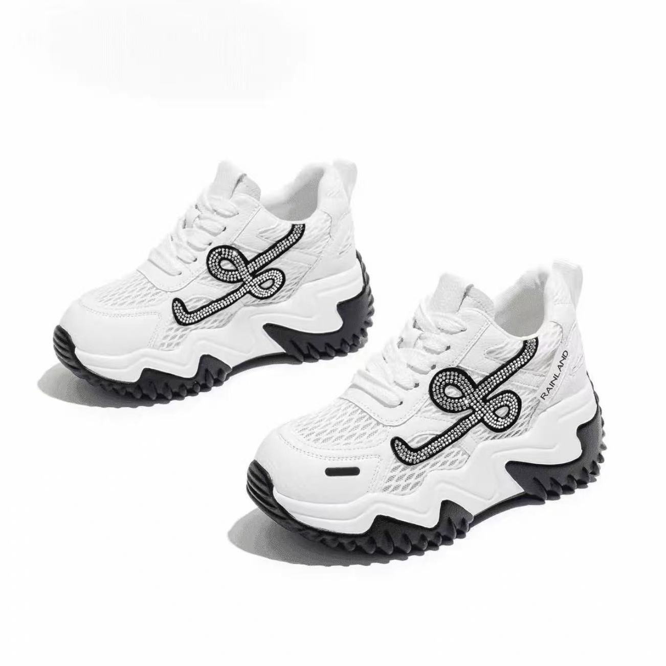 2026 primavera y verano nuevos zapatos casuales de diamante de color contrastante, zapatos de malla gruesa, zapatos de papá, zapatos deportivos de mujer