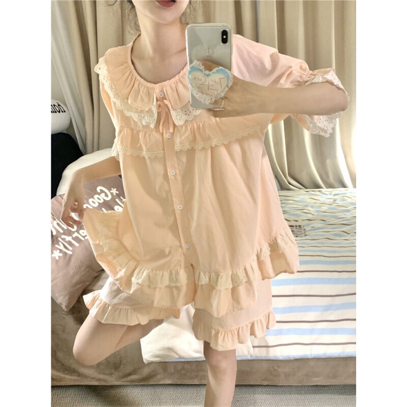 2024 Korean Style Sweet Princess Style Lace Doll Collar Cotton Comfortable Loose Home Clothes suit dress
