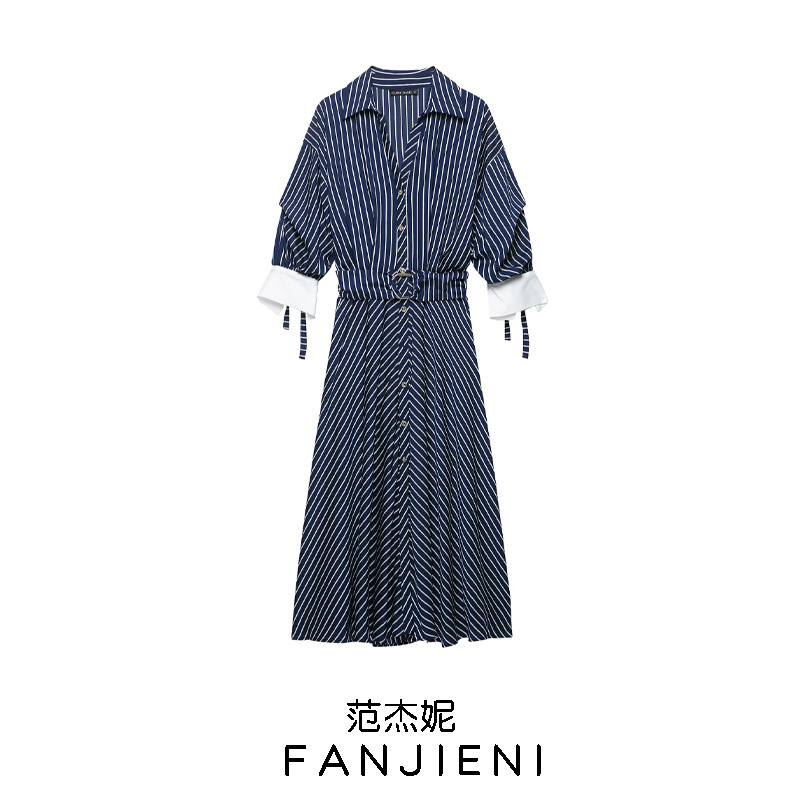 ZR Foreign Trade Wholesale European and American Style Women's Clothing Fashionable Elegant Striped Midi Dress with Belt 502920604