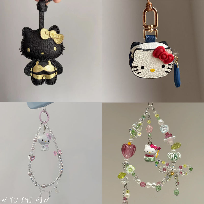 Sweet Pink Bow Kitty Cat Beaded Mobile Phone Chain Cute Girly Heart Bag Hanging Chain Key Chain Chain for Women