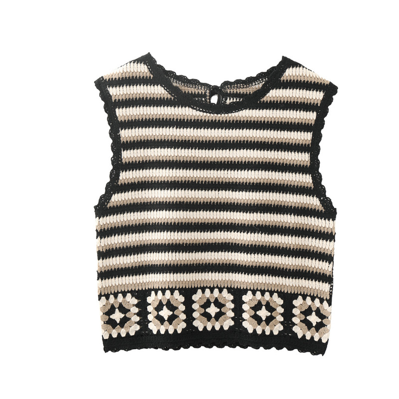 French Retro Bohemian Style Handmade Crochet Striped Patchwork Knit Vest Top Short Style