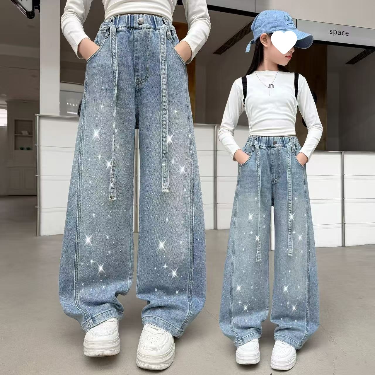 女童牛仔裤春秋新款2026时尚洋气中大童烫钻亮晶晶弯刀阔腿裤韩版