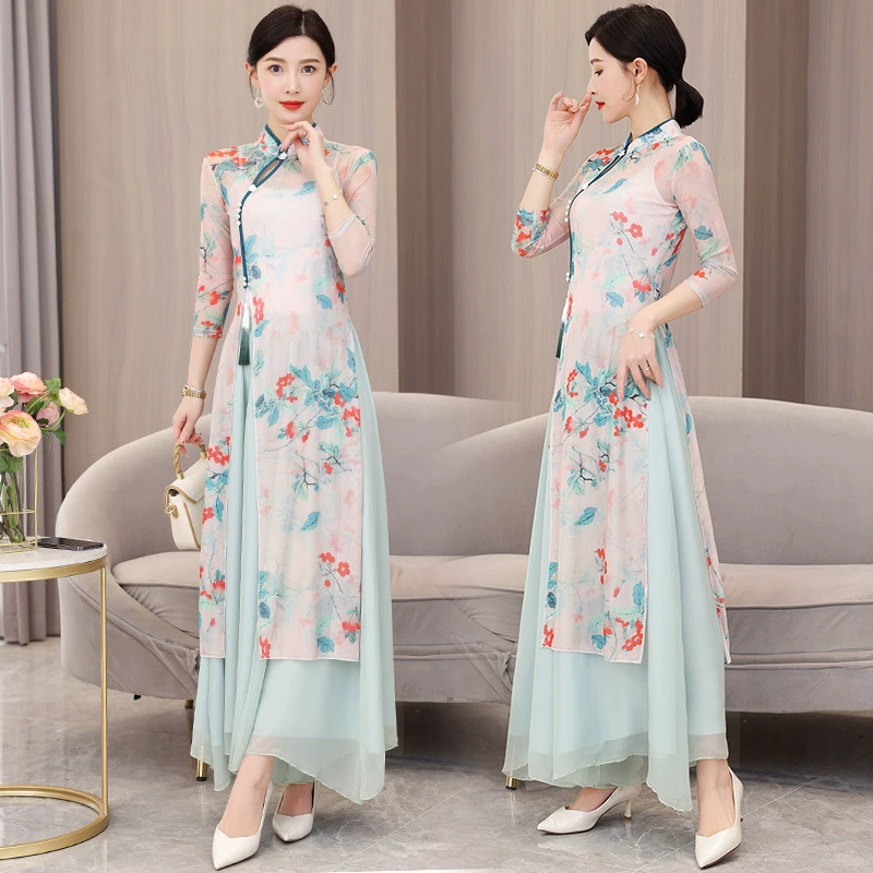 Китайский стиль Yanyan Классическая танцевальная одежда марлевая одежда с рифмой тела китайский танец народная танцевальная одежда Одежда для выступлений костюм из трех частей для женщин