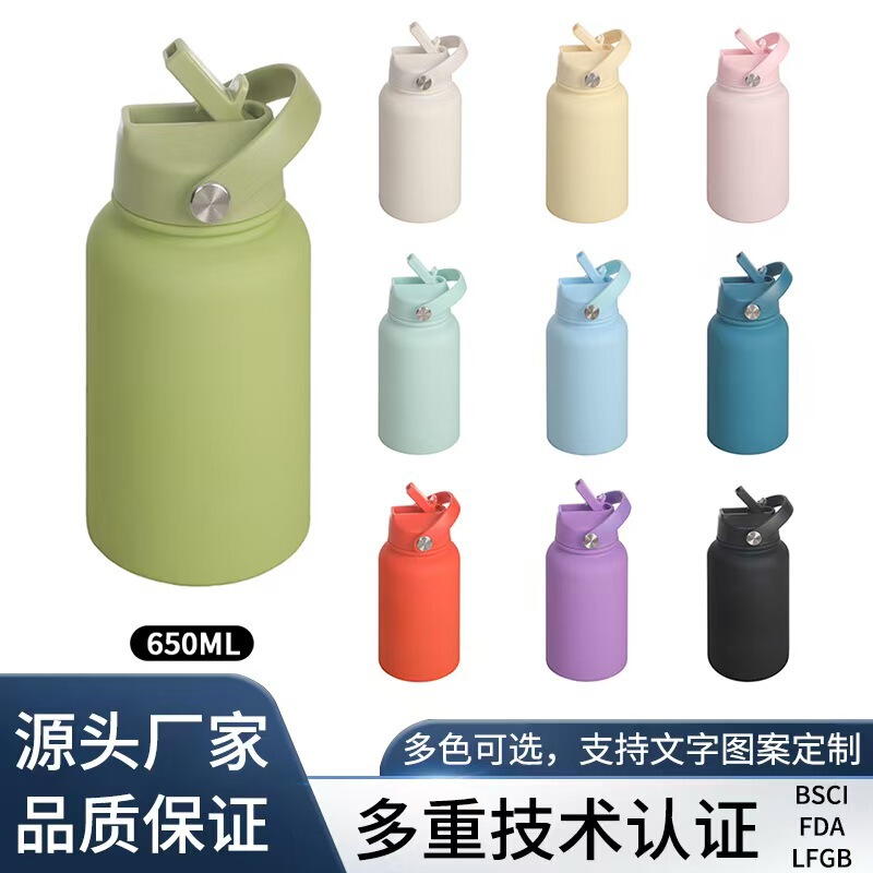 American Large Mouth Straw Space Water Kettle 1L Large Capacity Stainless Steel Thermos Cup Rubber Paint Portable Handle Sports Water Kettle