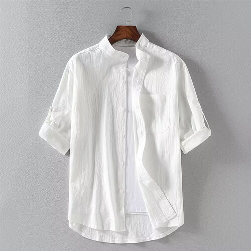 Wholesale Cross-border Men's Linen Short-Sleeve Shirts Men's Seven-Sleeve Cotton-Linen Stand Collar Blouses