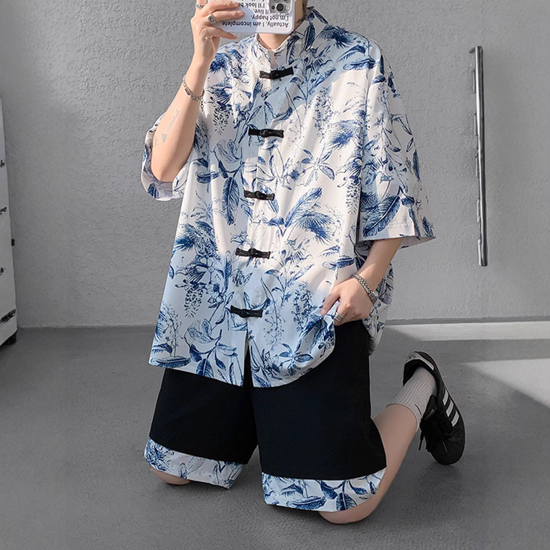 Ice Silk Short-Sleeved Shirt Men's Summer New Chinoiserie Men's Chinoiserie Retro Floral Shirt Suit Improved Tang Suit Han Dynasty