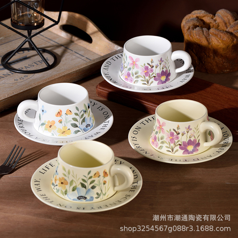 mid-ancient floral ceramic coffee cup suit retro style flower narcissus afternoon tea cup and saucer high-grade phalaenopsis