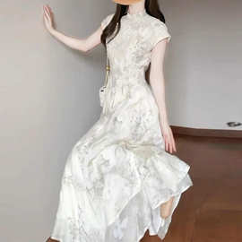 清冷白色系穿搭国风竹子新中式连衣裙高端精致气质改良旗袍长裙夏