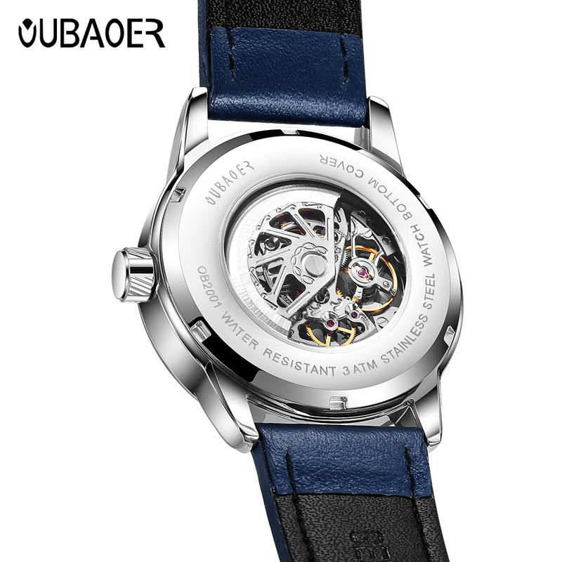 OUBAOER brand mechanical hollowed out waterproof leather watch with lare dial, fashionable and trendy watch, hot_voghion.com