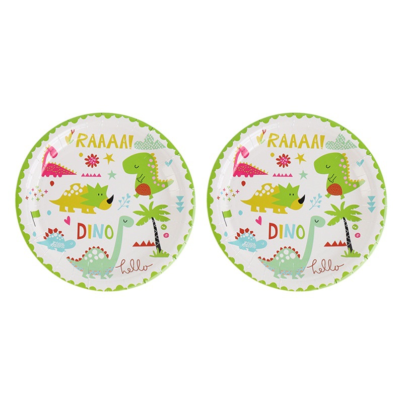 Amazon dibujos animados dinosaurio fiesta de cumpleaños traje triángulo bandera plato de papel caja de palomitas de maíz tapa de papel taza de fábrica de papel Yiwu