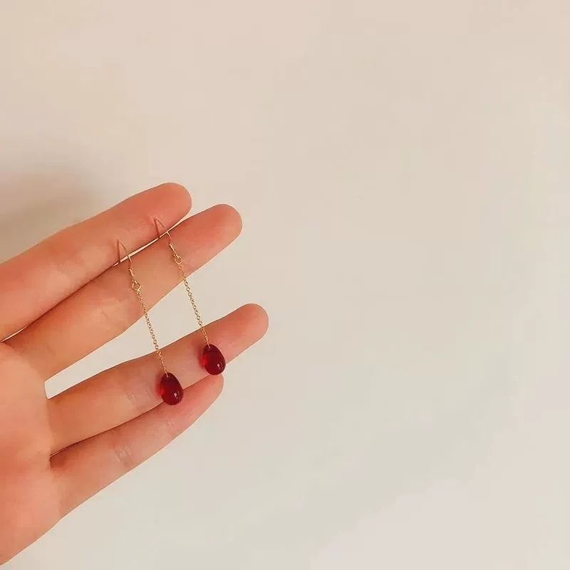 Аутентичные 248 милых гранатово-красных маленьких капель воды из стерлингового серебра 925 пробы с инкрустацией длинной цепочкой, серьги для маленьких свежих женщин