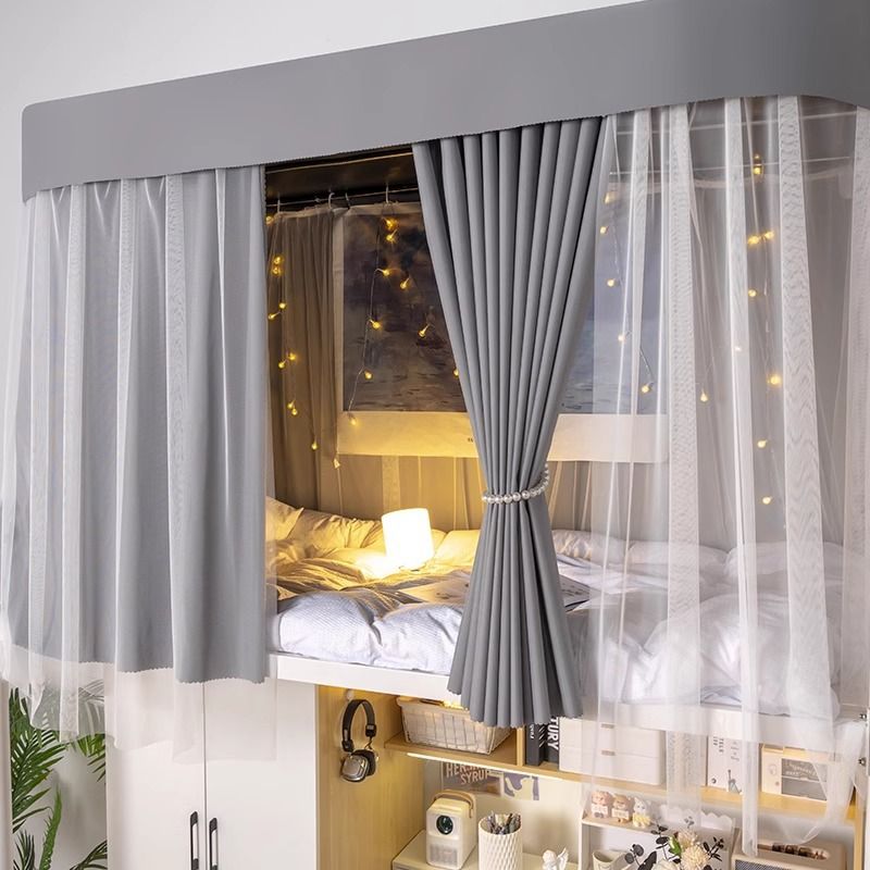 Cortina de cama de órbita en forma de U dormitorio de estudiantes mosquiteros integrados dormitorio de doble carril deslizante en forma de U cortina de cama de color sólido a prueba de mosquitos