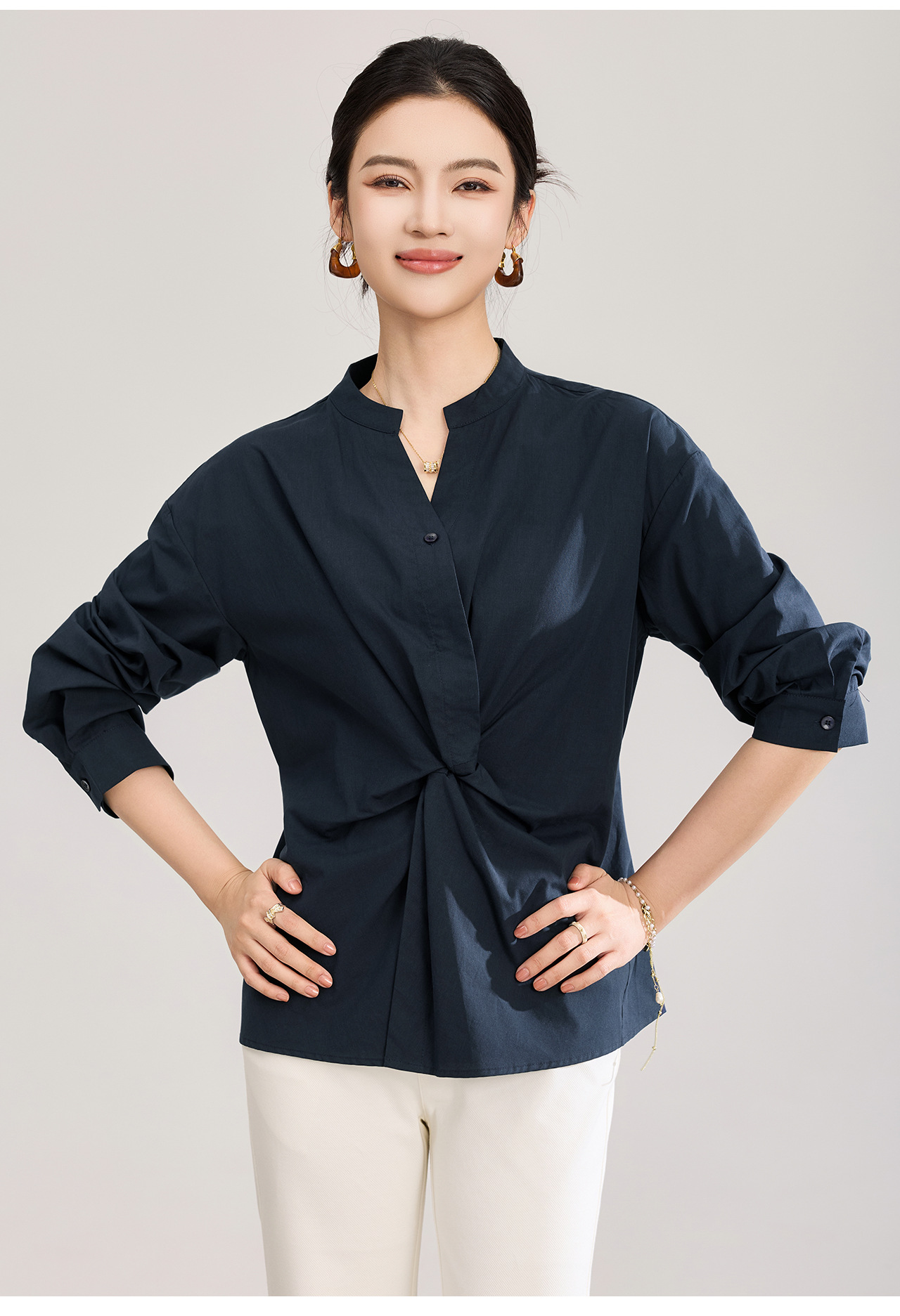 Áo sơ mi nữ dài tay chất lụa tencel phối xoắn thanh lịch — xanh lam chi tiết 12