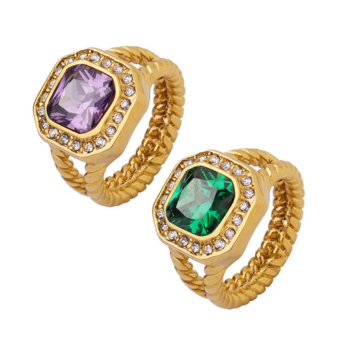 Elegant Fashion Hip-Hop Style Ring with Geometric Purple Zirconia and Green Crystal Stones, Gold-Plated, Non-Fading Women's Jewelry