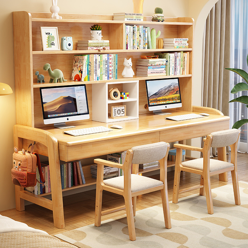 Solid Wood Double Desk Student Home Lifting Children's Study Desk Study Bookshelf Integrated Desk Homework Desk