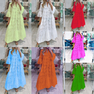 2025 European and American Cross-border Summer and Autumn French V-neck Horn Sleeve Lace Hollow Solid Color Sexy Long dress Women