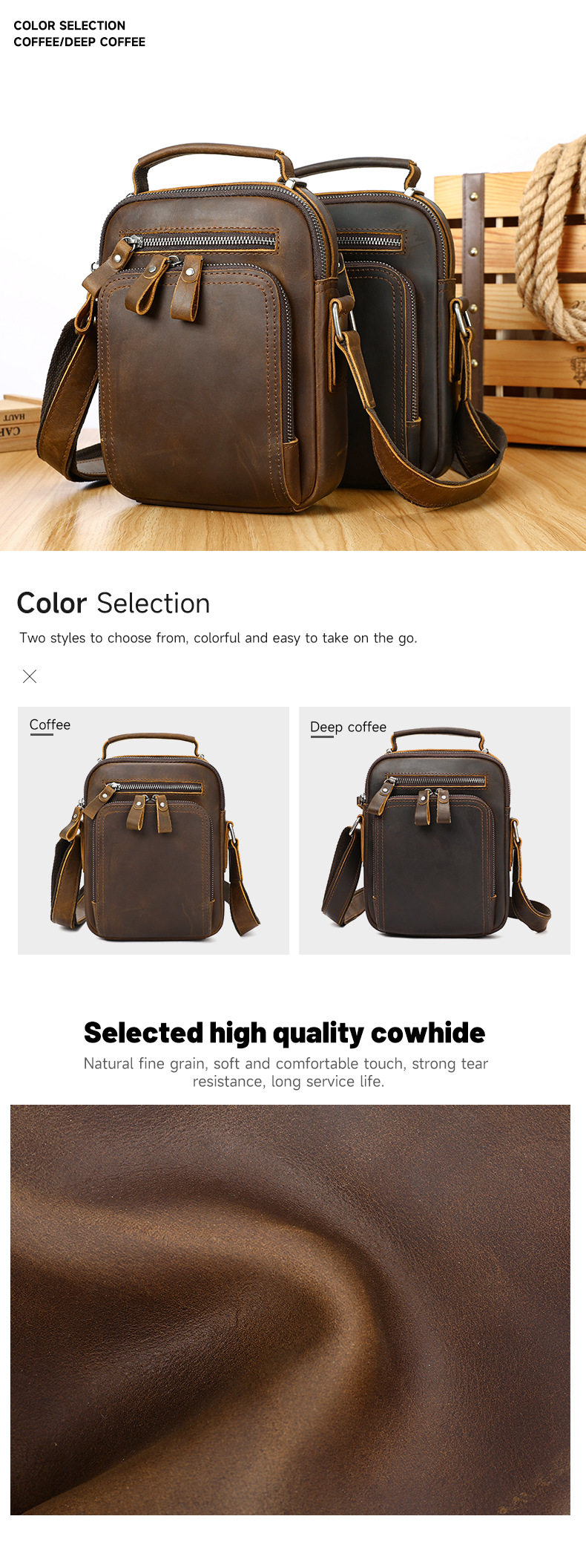 Túi đeo chéo nam da bò vintage phong cách retro châu Âu, thiết kế đơn giản đa năng — Kèn da ngựa điên màu nâu, Da ngựa điên màu nâu size lớn, Da ngựa điên màu nâu sẫm size nhỏ chi tiết 2