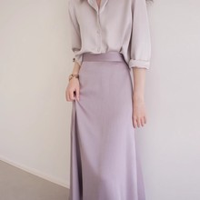 SS STUDIO 灰调紫竖纹高腰过膝微A后腰松紧半身裙温柔优雅女