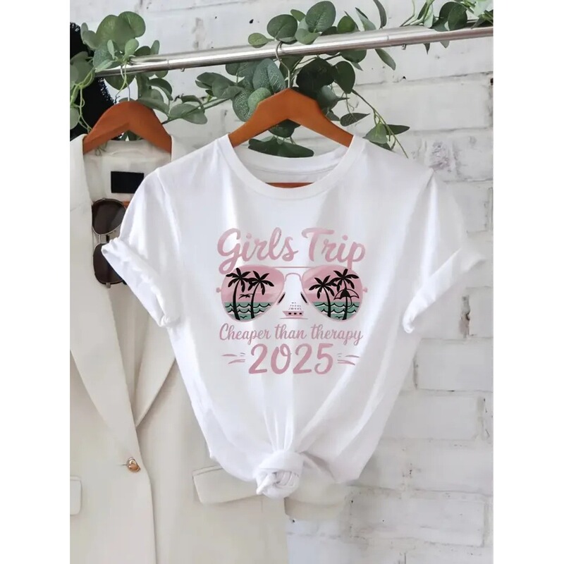 【Cross-Border European Sizes】Women's Travel Is More Affordable Than Relaxation 2025” Graphic T-Shirt with Tropical Palm Trees, Fashionable