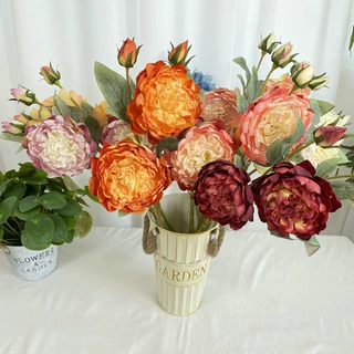 涂层布4头焦边牡丹2号仿真花室内客厅装饰假花摆件餐桌花摆设花束
