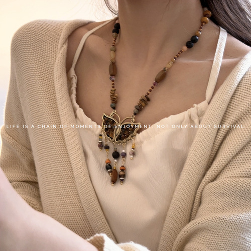 Butterfly Tassel Natural Stone Beaded Necklace Women's New Chinese Style Retro Ethnic Choker Necklace Unique Design Statement Necklace