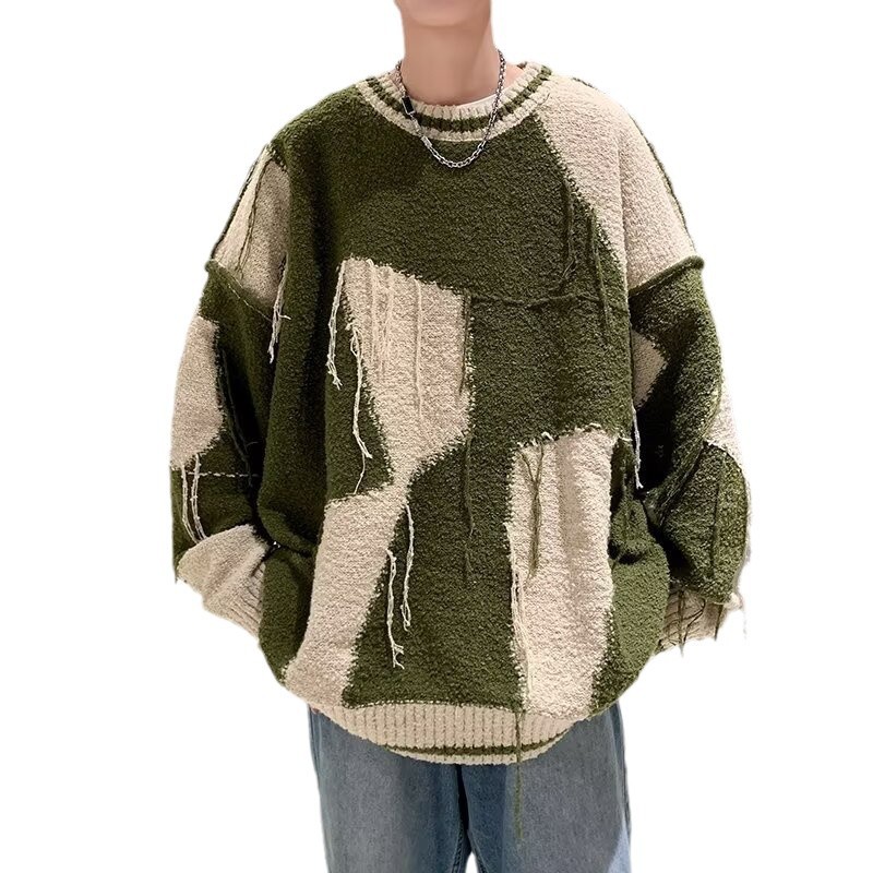 Invierno camuflaje de diseño de bordilla sensación de viento perezoso camiseta de punto pareja de hombre y mujer engrosada industria pesada suéter de color contraste chaqueta