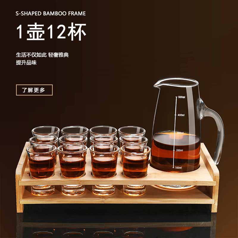 Taza de vino conjunto de taza de bala, taza de vino, taza de vino, taza de vino pequeña, taza de bambú, rack de madera, dispensador de vino, jarro de vino de vidrio