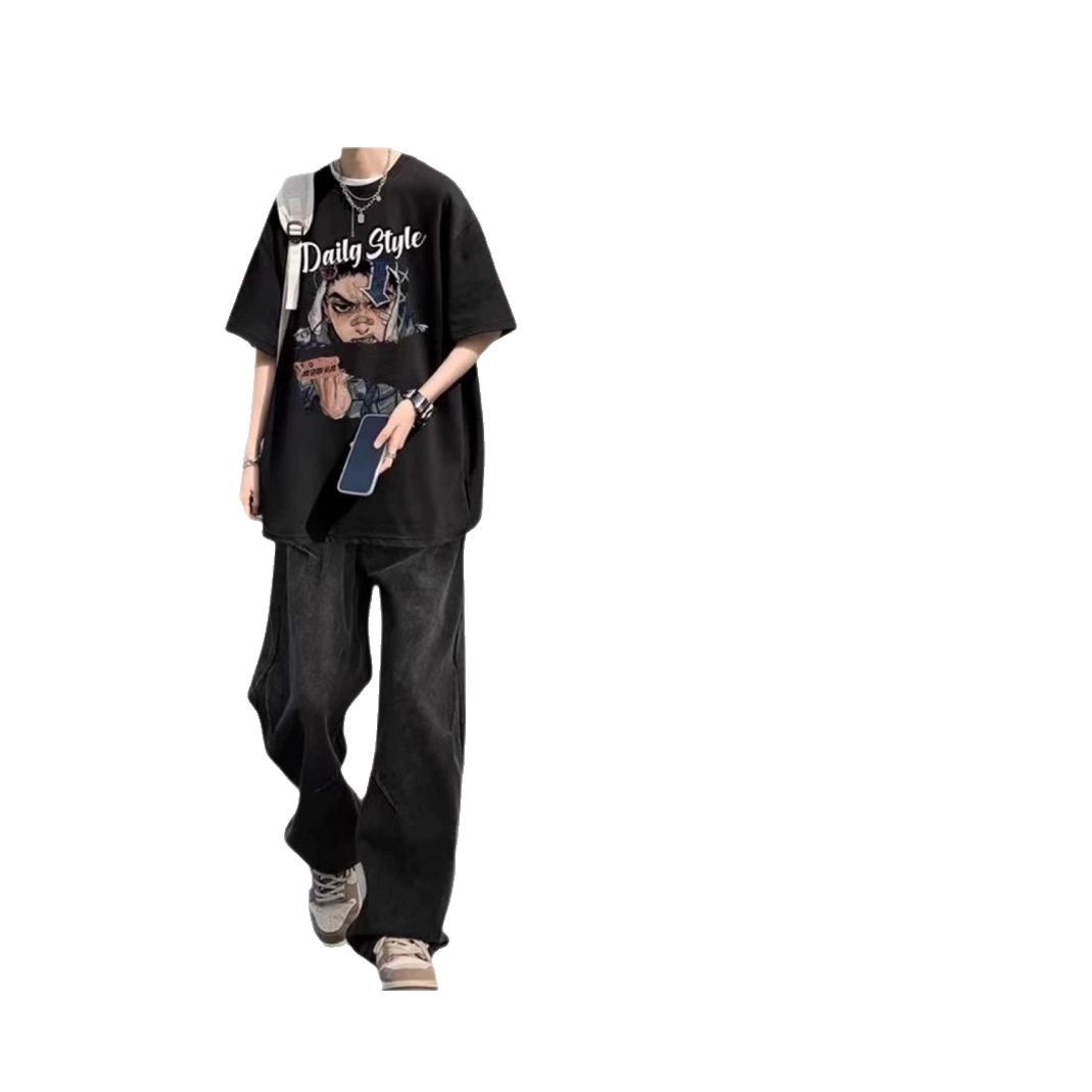 Summer Short-sleeved T-shirt suit Men's Trendy Brand Fat Handsome Student's Fresh Wear Jeans Casual Sports Two-piece Set
