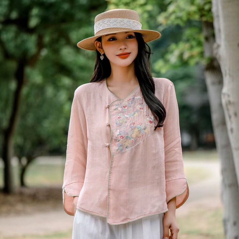 Ramie V-Neck Shirt for Women, 2026 Summer Style, Artistic, Fashionable, Simple, Versatile, Diagonal Collar, Mid-Sleeve, Loose Shirt, Cardigan