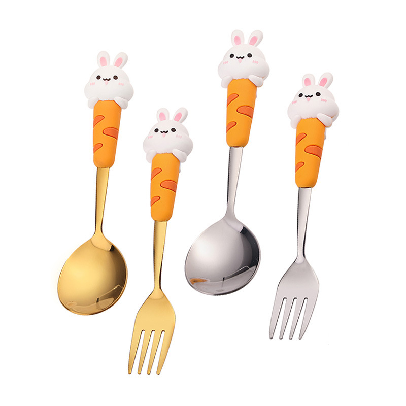 Set regalo 304 con coniglietto creativo, grande e rotondo, cucchiaio da caffè, forchetta da dessert e frutta._voghion.com