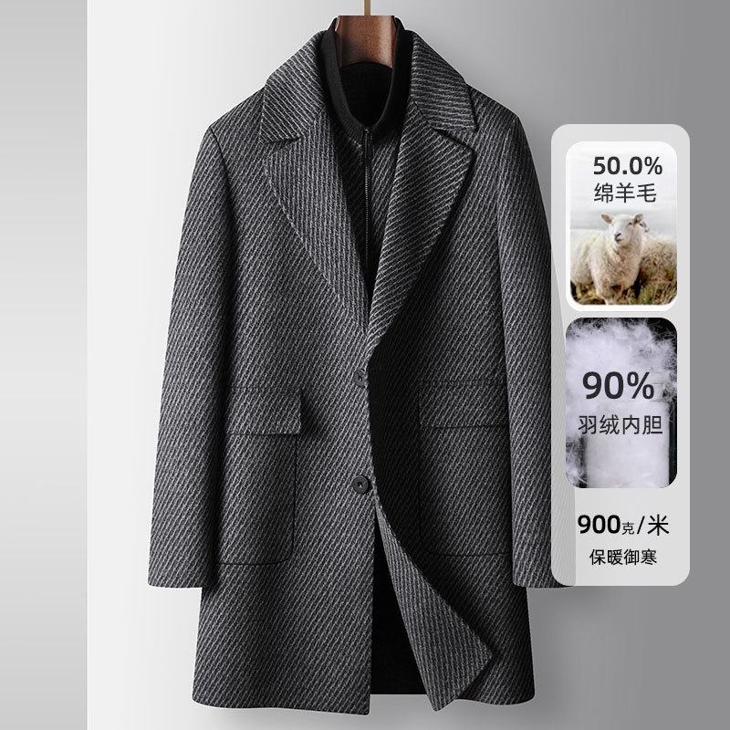 Men's Woolen Coat Autumn and Winter Removable down Liner Two-Piece Set Mid-Length Business Double-Sided Woolen Windbreaker for Young and Middle-Aged People