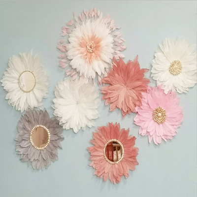 INS爆款创意家居背景墙装饰手工编织羽毛镜面款挂饰拍摄道具挂件