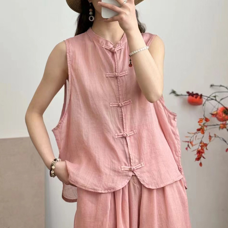Summer New Literary Retro Pure Color Ramie Thin Stand Collar Shirt Women's Sleeveless Thin Loose Top
