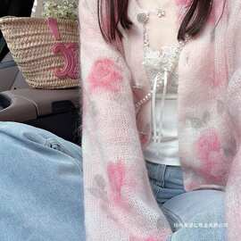 温柔风气质花朵晕染针织开衫女秋季甜美减龄独特纽扣外套上衣chic