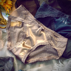 Sexy French lace panties for women, transparent mesh, thin texture, breathable cotton crotch mid-waist briefs for women