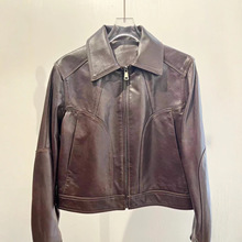 秋季高级感翻领皮衣夹克绵羊皮植鞣女款潮流小短款休闲机车外套