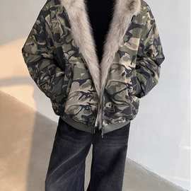 水洗迷彩毛领连帽棉服男冬季新款加厚保暖宽松底特律工装棉衣外套