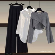 秋冬套装女2025新款大码女装针织毛衣女时尚显瘦衬衫阔腿裤三件套