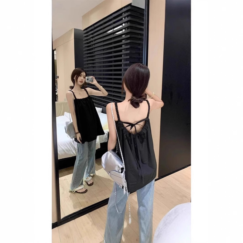 Backless Lace-up Shirt Women's Summer 2024 New Korean Style Design Sense Hot Girl Black Outer Wear Sleeveless Top