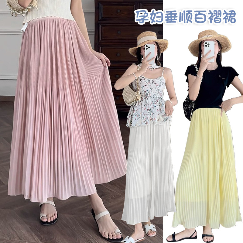 2025 Summer New Non-belly Rubber Adjusting Elegant Silk Created Pleated Pregnant Women's A- Line Long Dress