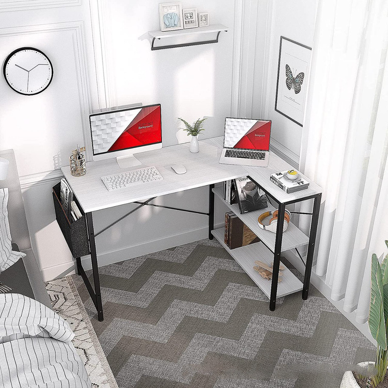 Student study desk in pink for girls' bedroom, L-shaped corner computer desk with double-sided storage shelves, trendy