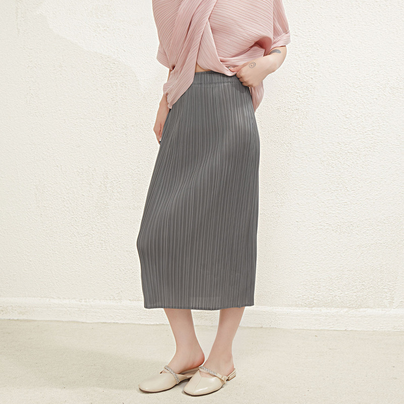 High Waist Straight Pleated Split Skirt Women's Miyake Summer New All-match Mid-length Elegant Hip Skirt