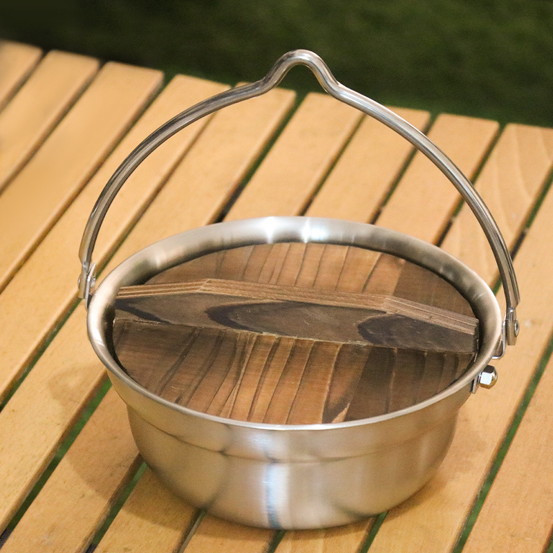 Outdoor Camping Portable 304 Stainless Steel Camping Pot Bonfire Hanging Pot Picnic BBQ Wooden Lid Portable Pot