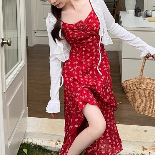 2025 Summer New Red Floral Sling dress Women's Pure Desire Spice Girl Style Irregular Split Sling Long Dress