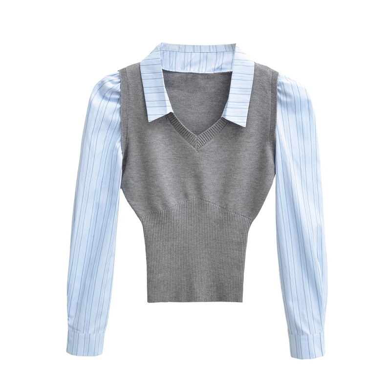 Stylish Gray Knitted Striped Patchwork Fake Two-Piece Long-Sleeve Shirt, New Spring Slim-Fit Short Sweet and Spicy Top Stylish Gray Knitted Striped Patchwork Fake Two-Piece Long-Sleeve Shirt, New Spring Slim-Fit Short Sweet and Spicy Top