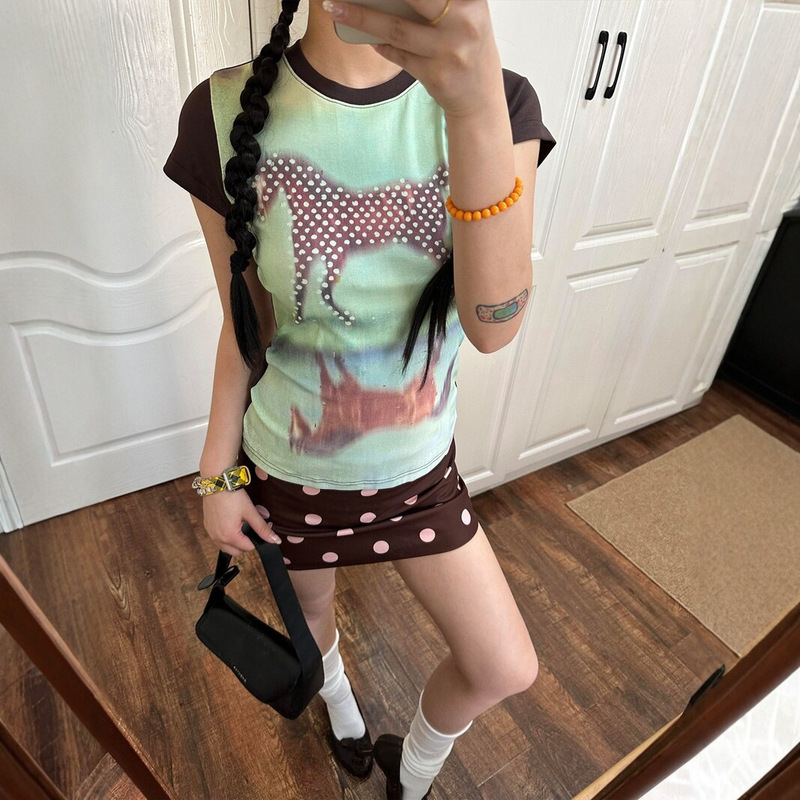 [210g 40-Count Fine Cotton] American-Style Polka Dot Pony Short-Sleeve T-Shirt for Women, Summer Slim-Fit Color-Blocking Spicy Girl Style Top